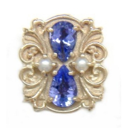 N607 14K PEAR SHAPE TANZANITE & PEARL SLIDE WITH FLEUR DE LIS DETAIL 